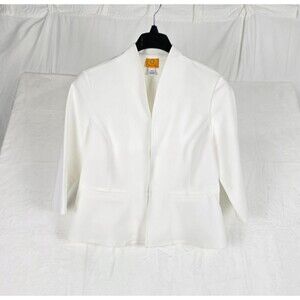 Ruby Rd Blazer Jacket Women Size 14 White Tailored Cropped Mandarin Collar